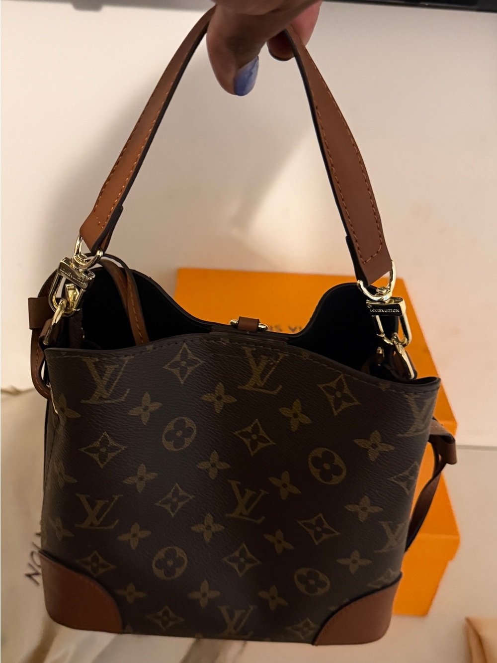 Monogram Canvas Bucket Shoulder Bag in Brown and Tan
